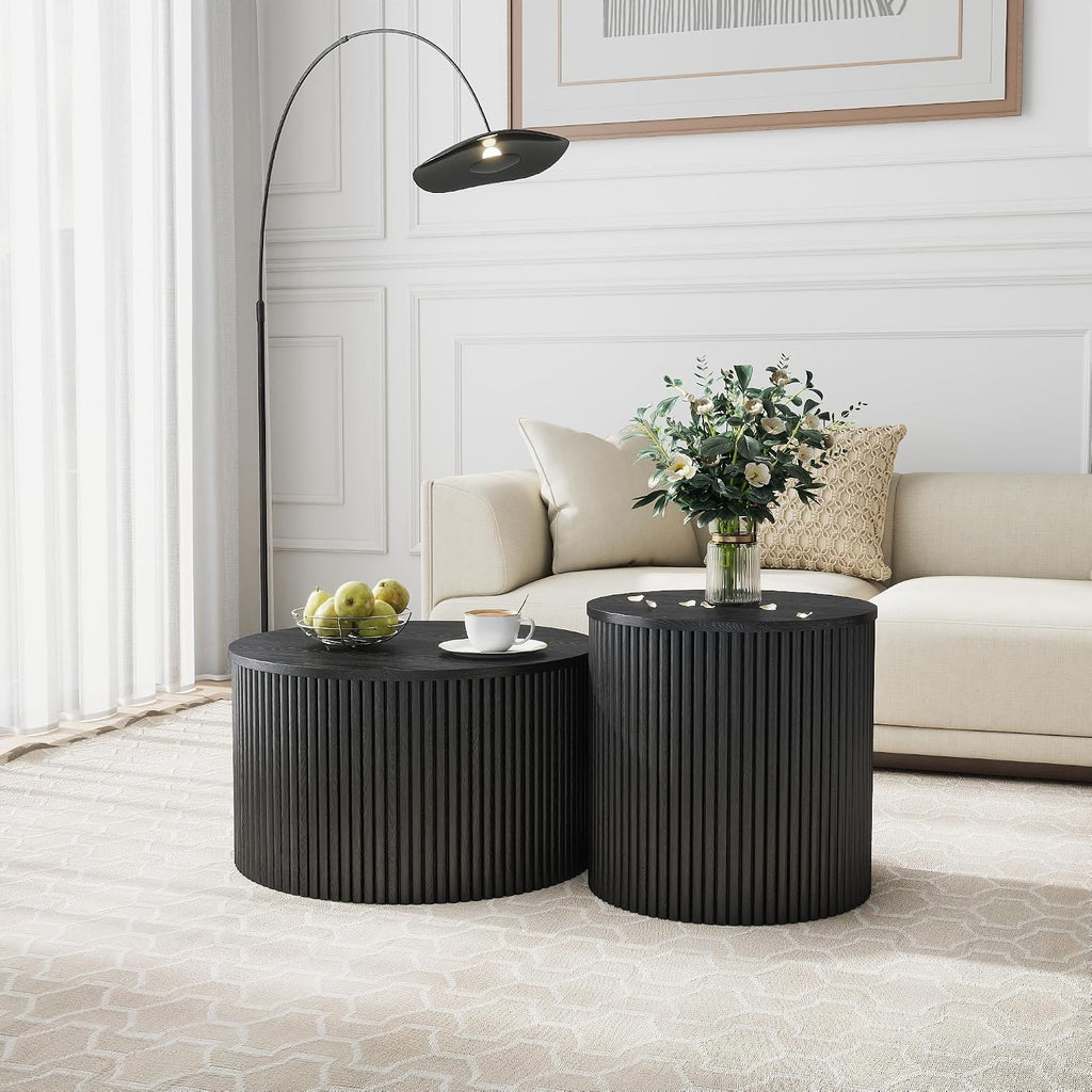 Nesting Coffee Table Set of 2, Modern Round Black Wood Coffee Table with Built-in Storage, Mid-Century Accent Side Table for Living Room, Kitchen, Small Apartment