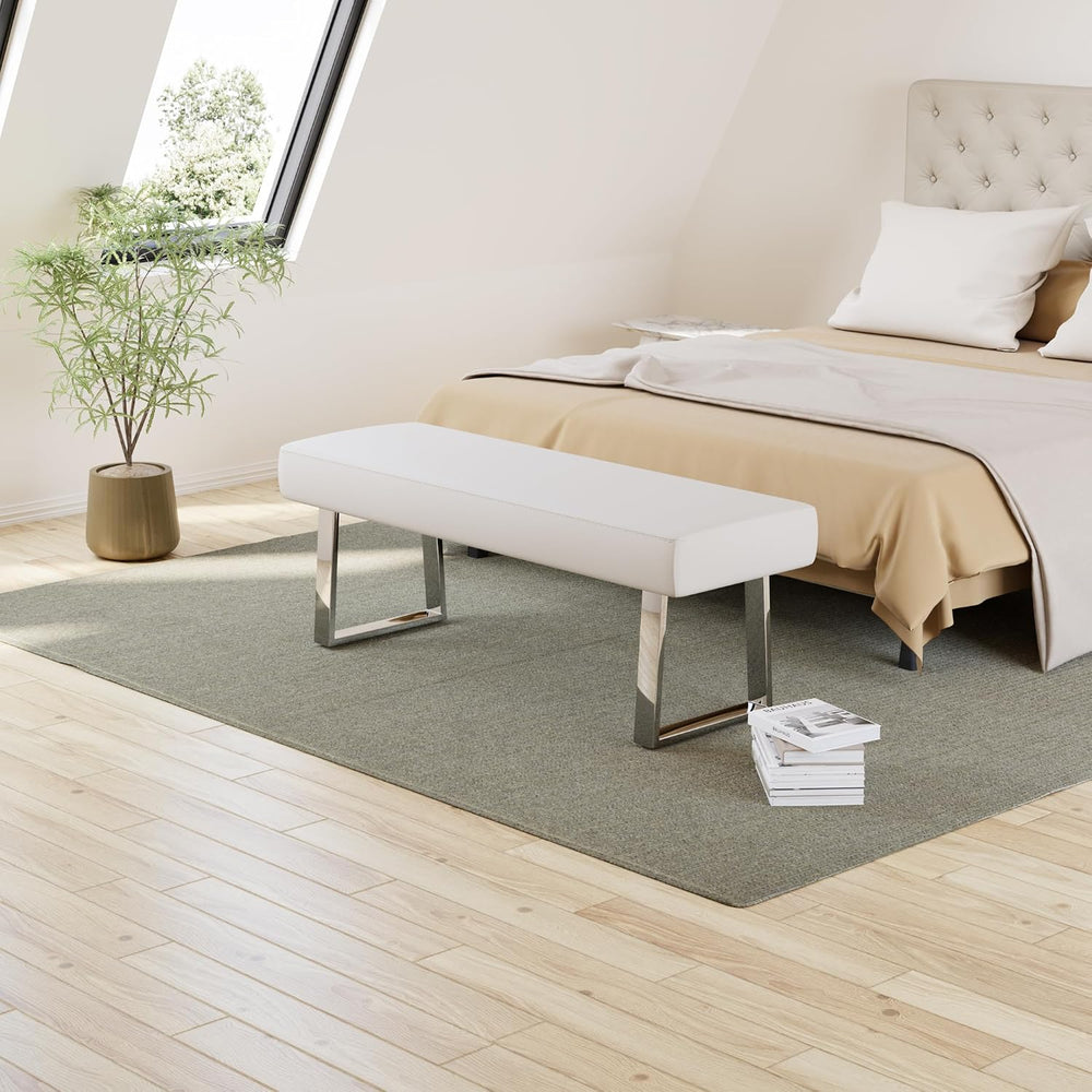 JIEXI 45.3" Upholstered PU Leather Bedroom Bench Footstool with Metal Le...