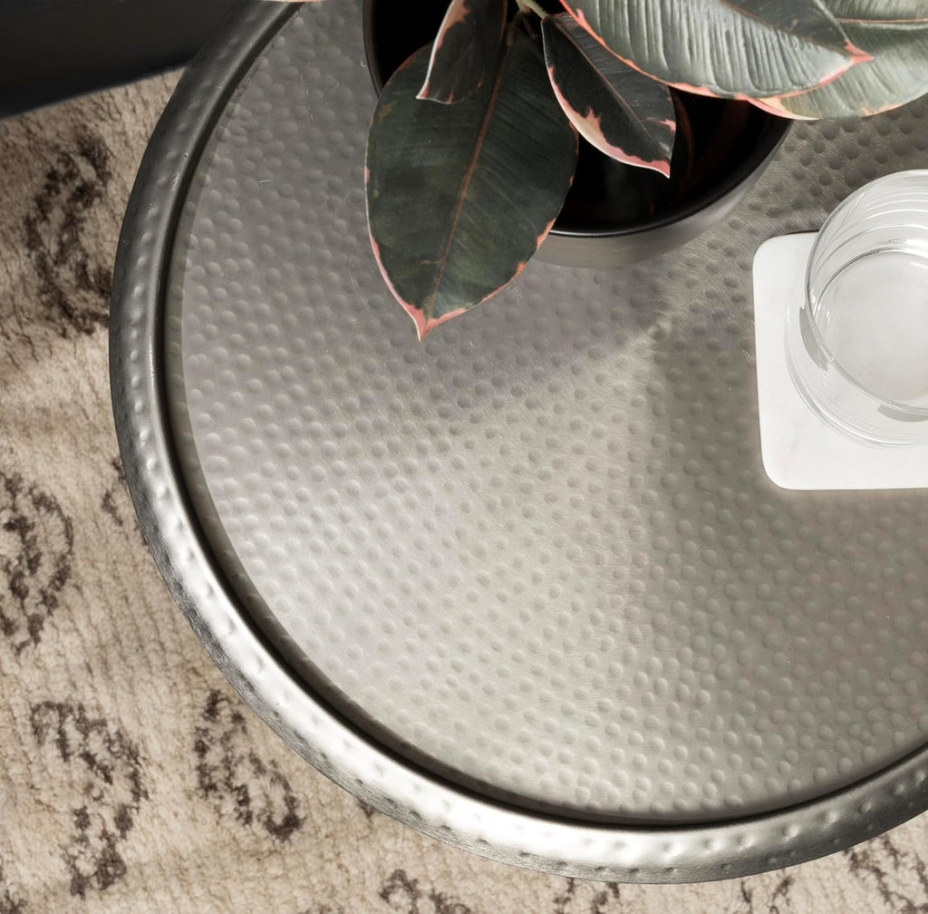 Kate and Laurel Sanzo Modern Pedestal Side Table, 15 x 15 x 24, Antique Silver, Decorative End Table with Hammered Tabletop for Use as a Bedroom Nightstand or Living Room Accent Table