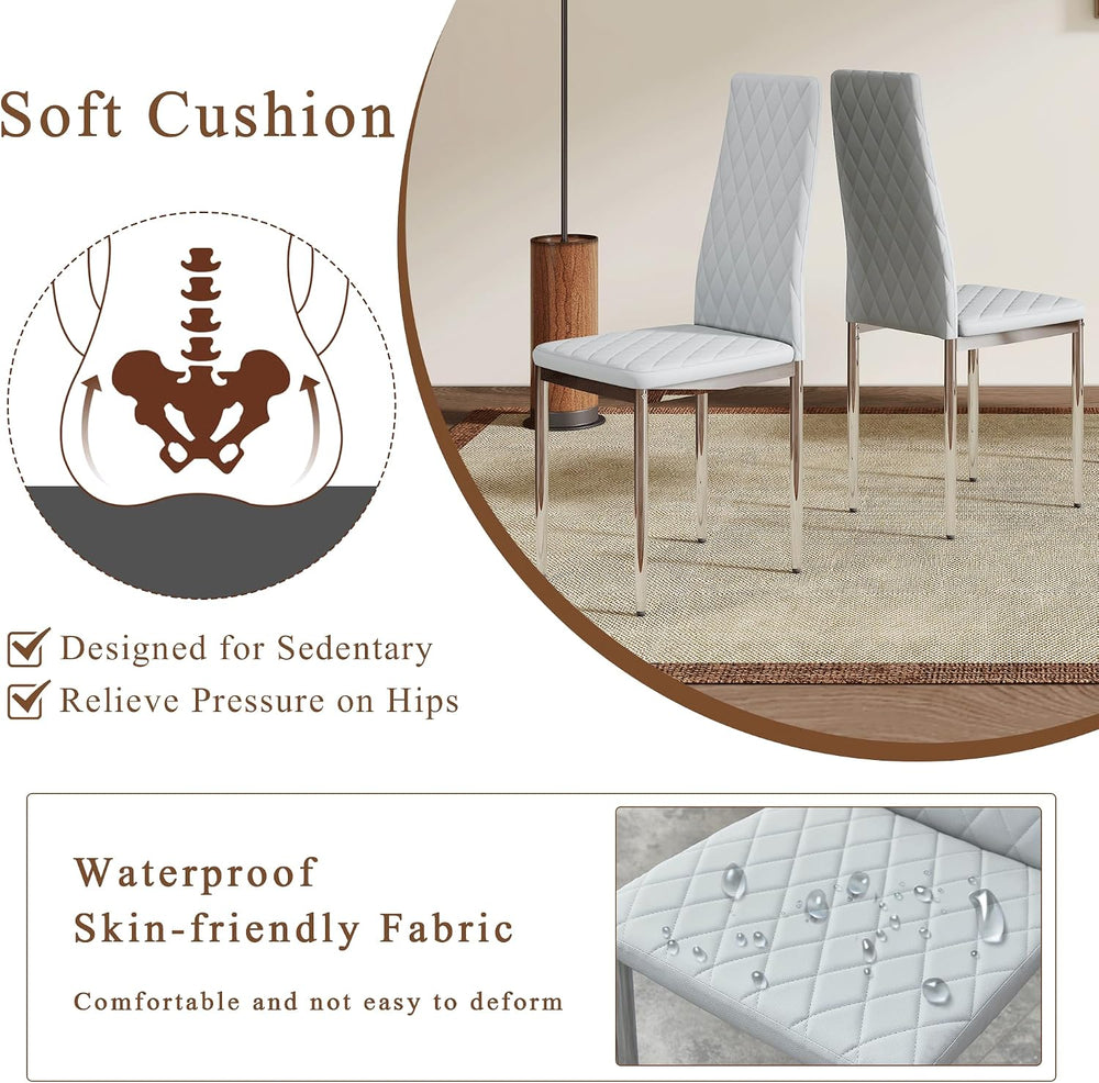 Dining Chairs Set of 6, Gray PU Leather, High Back, Silver Legs | Modern upho...
