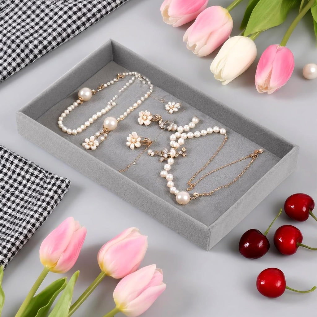 JEUIHAU 15 Pack Velvet Jewelry Organizer Trays, 8.3 x 5 Inch Stackable Drawer Inserts, Jewelry Storage Trays for Earrings Rings Necklaces, Gray