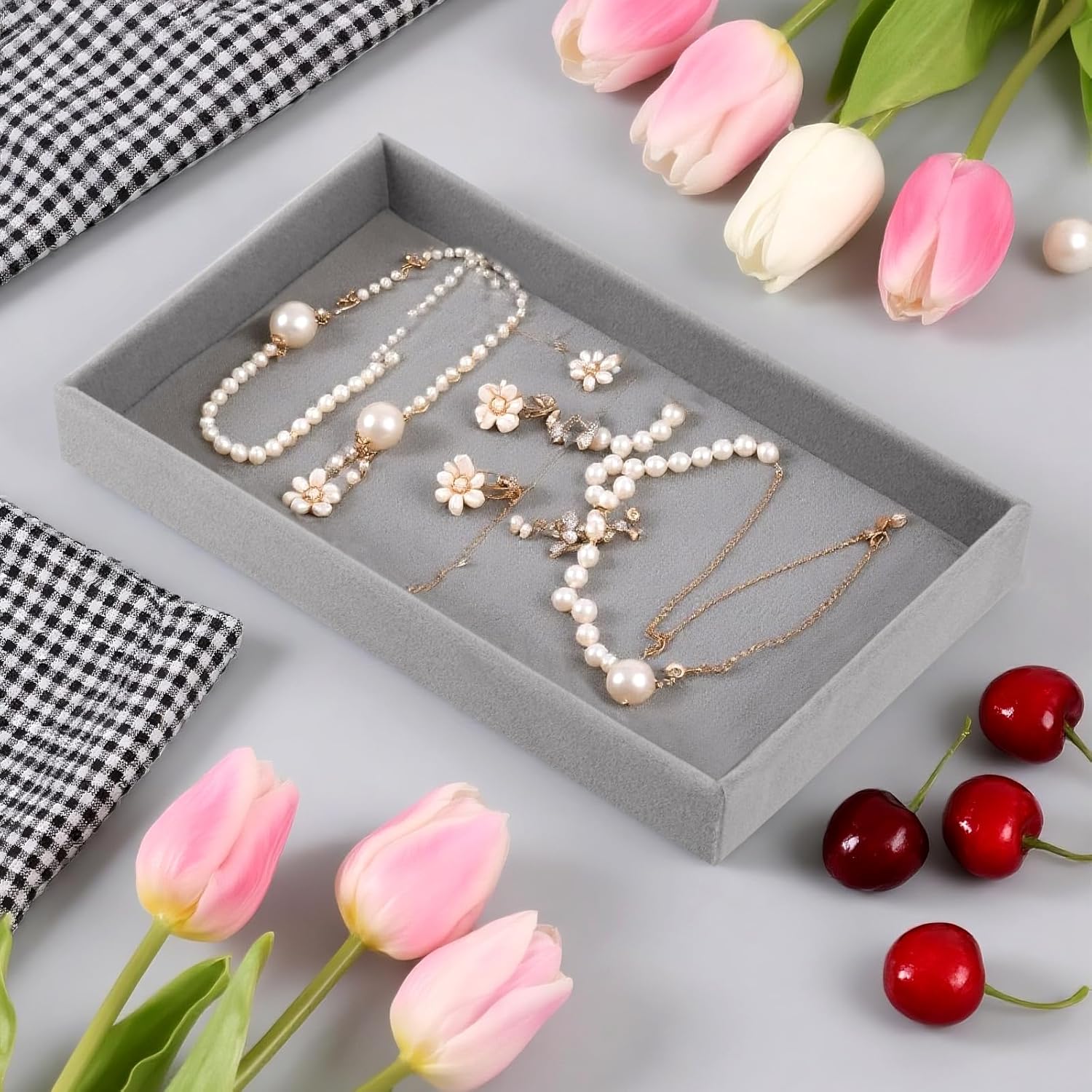 JEUIHAU 15 Pack Velvet Jewelry Organizer Trays, 8.3 x 5 Inch Stackable Drawer Inserts, Jewelry Storage Trays for Earrings Rings Necklaces, Gray