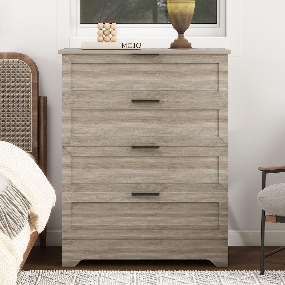 Farmhouse 4 Drawer Dresser for Bedroom, Tall Bedroom Dresser, Rustic Gray