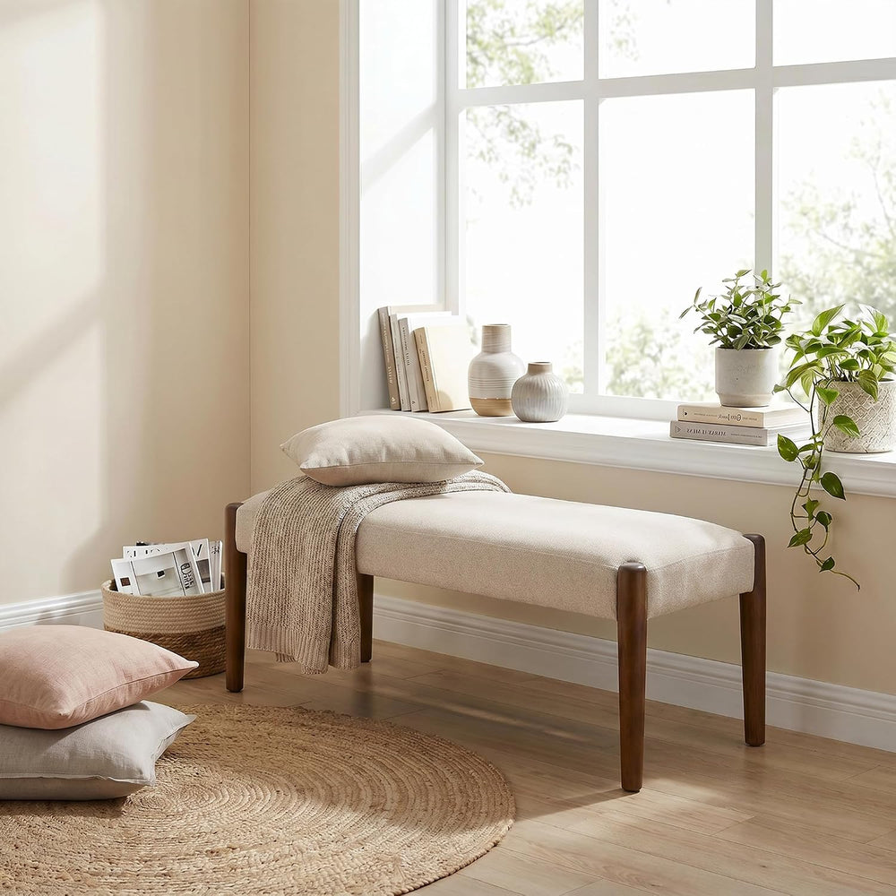 Usaint 42" End of Bed Bench with Wood Legs, Beige with Walnut Leg | Mode...