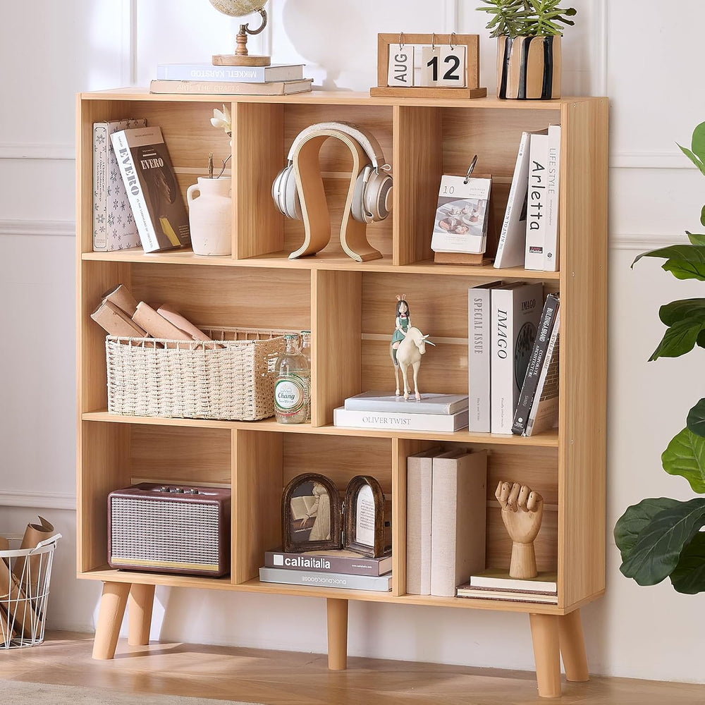 LEYAOYAO Wooden 8 Cube Book Shelf, Natural 3 Tier Bookshelf with Legs, Modern...