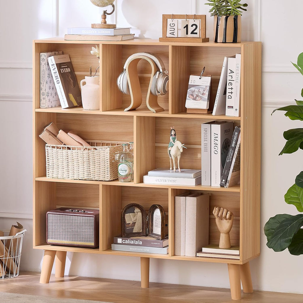 LEYAOYAO Wooden 8 Cube Book Shelf, Natural 3 Tier Bookshelf with Legs, Modern Open Storage Organizer,Boho Bookcase,Display Cabinet Shelf Free Standing Bookshelves for Bedroom,Living Room,Office