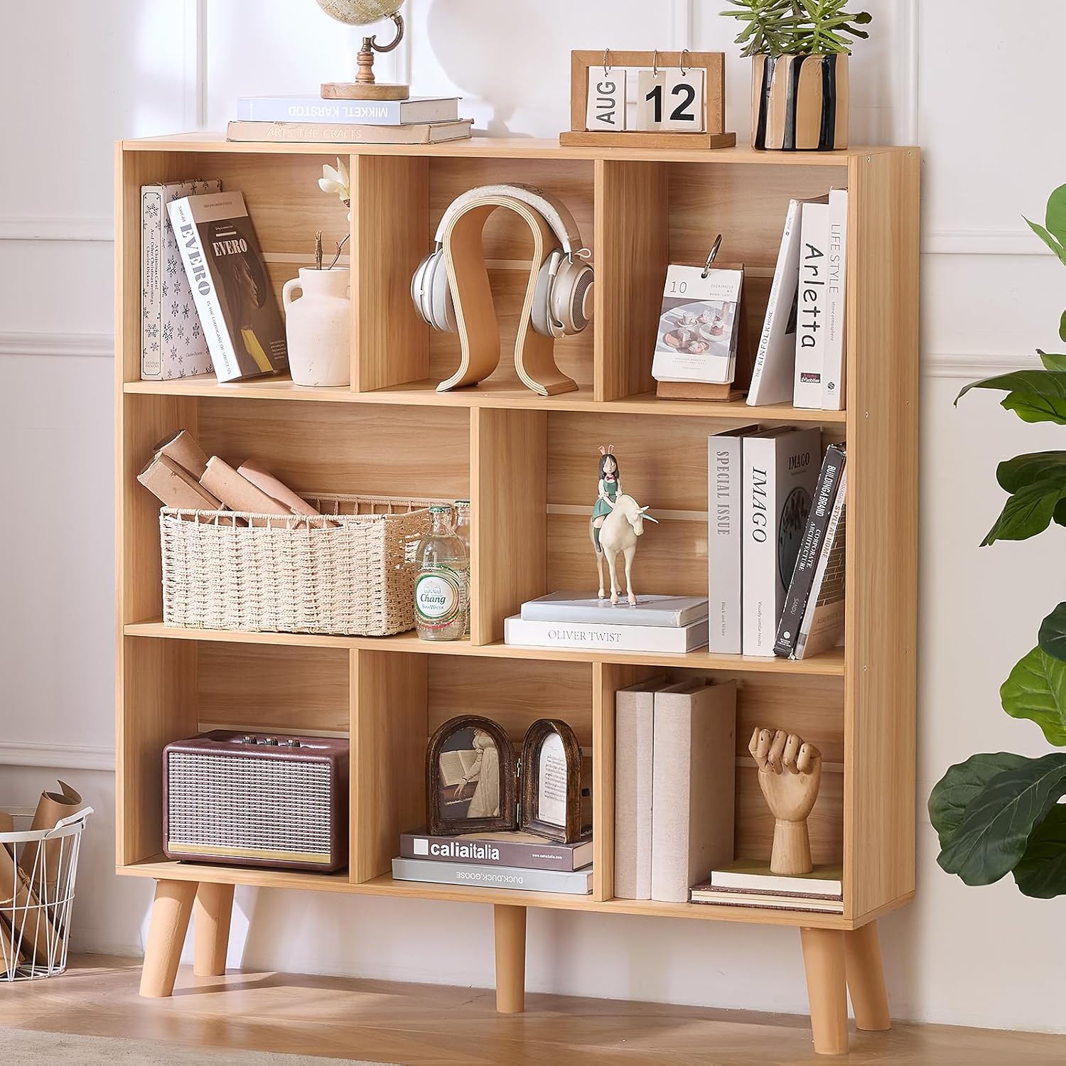 LEYAOYAO Wooden 8 Cube Book Shelf, Natural 3 Tier Bookshelf with Legs, Modern Open Storage Organizer,Boho Bookcase,Display Cabinet Shelf Free Standing Bookshelves for Bedroom,Living Room,Office