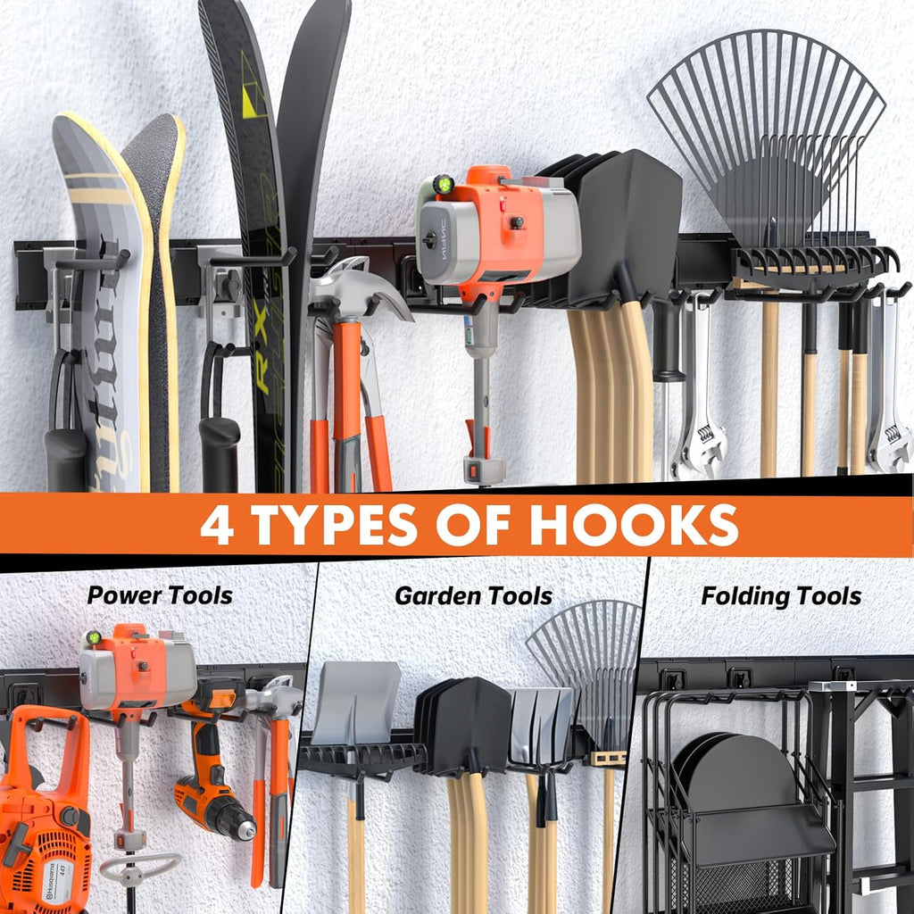 48-Inch Heavy Duty Garage Tool Organizer, Wall Mount Storage System with Adjustable Metal Hooks, 440lbs Capacity, Ideal for Garden Tools, Shovels, Rakes, Brooms, Ladders (48‘’ Metal Hooks)