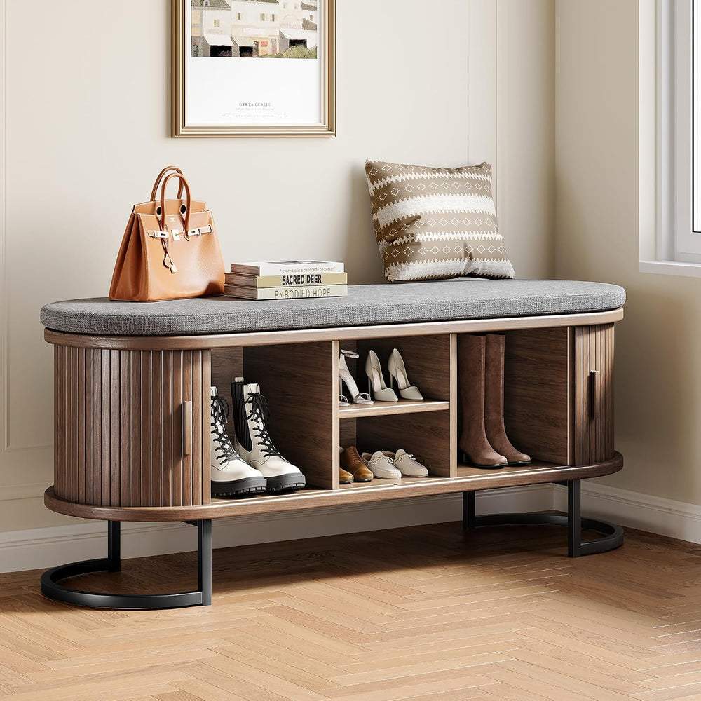 Decofy Shoe Storage Bench with Cushion and Sliding Doors, 47.2 Inch Shoe Benc...