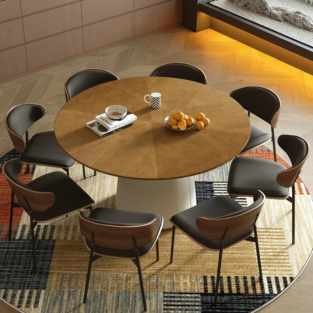 59” Modern Round Dining Table, Featuring a Decorative parquet Wood Veneer Tab...