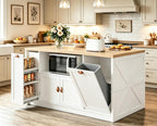 Large Kitchen Island, 63"L Island Table for Kitchen with Trash Bin | & Power Outlet, Farmhouse Kitchen Island on Wheels with Spice Rack & Microwave Cart Storage for Dining Room, Home Bar, White