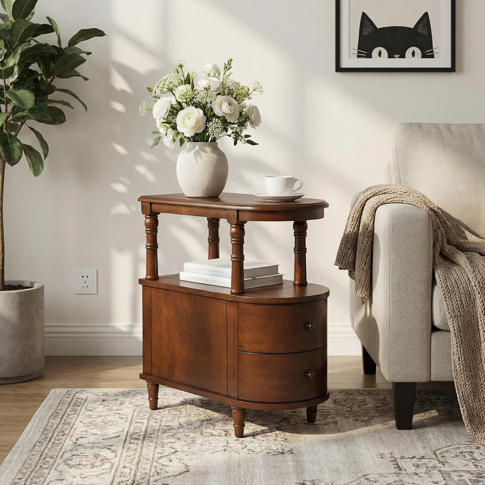 Narrow End Side Table With 2 Drawers and Storage Shelf, Slim Side Tables, Far...