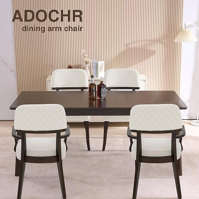 Modern Wood Dining Chairs with Arms, Velvet Upholstered Kitchen Chairs with Open Curved Backrest & Black Hardwood Legs, Accent Chairs 350 LBS Capacity, White