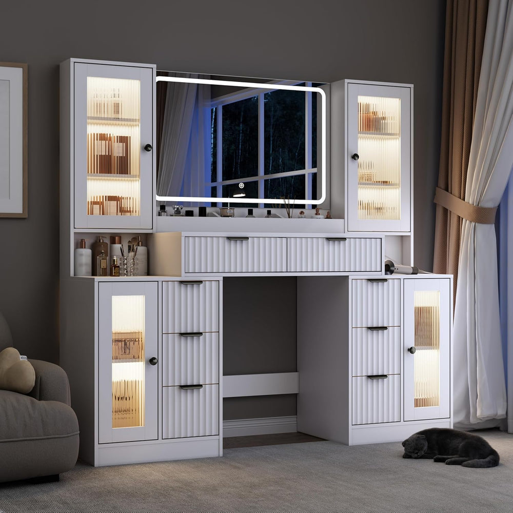 55" Vanity Desk with Mirror & Lights, Fluted Makeup Vanity with 8 Dr...