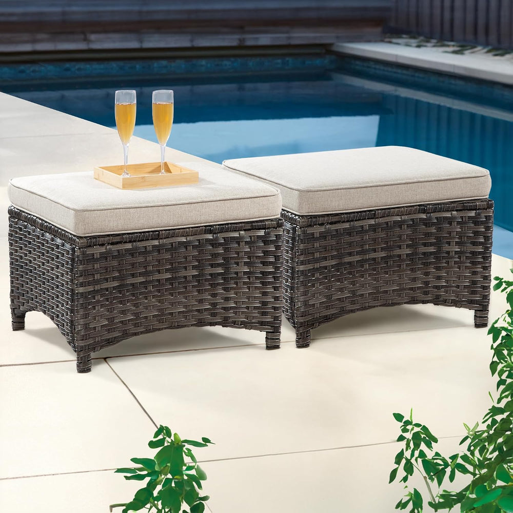 Outdoor Ottomans for Patio Set of 2 PE Wicker Steel Frame Outdoor Footstool w...