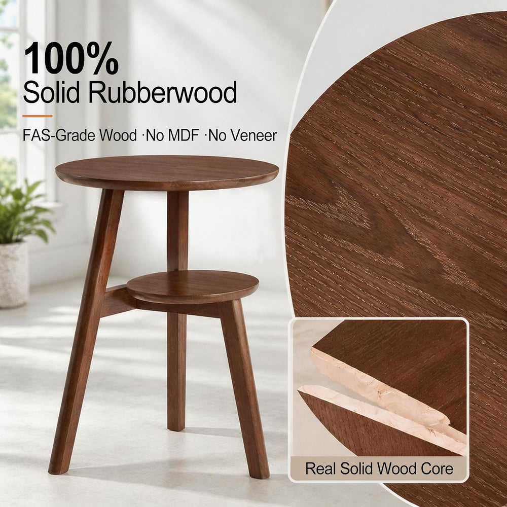 Small Round Side Table, 16.5" 2-Tier Solid Wood End Table, Walnut