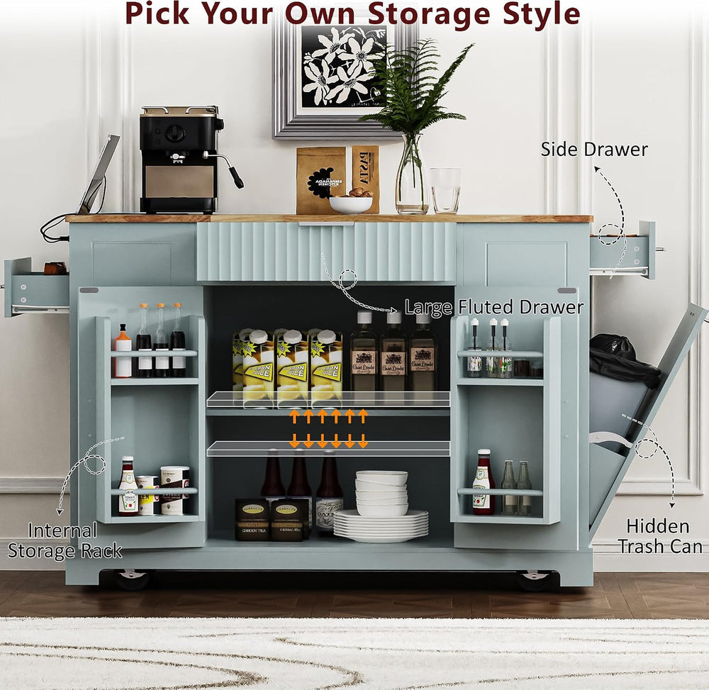 Kitchen Island with Trash Can Storage Cabinet and Power Outlet, Rolling Kitch...