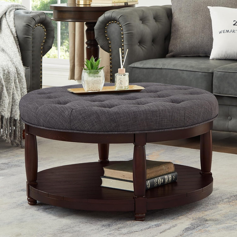 RENSGO 32.5" Large Round Upholstered Tufted Linen Ottoman Coffee Table, ...