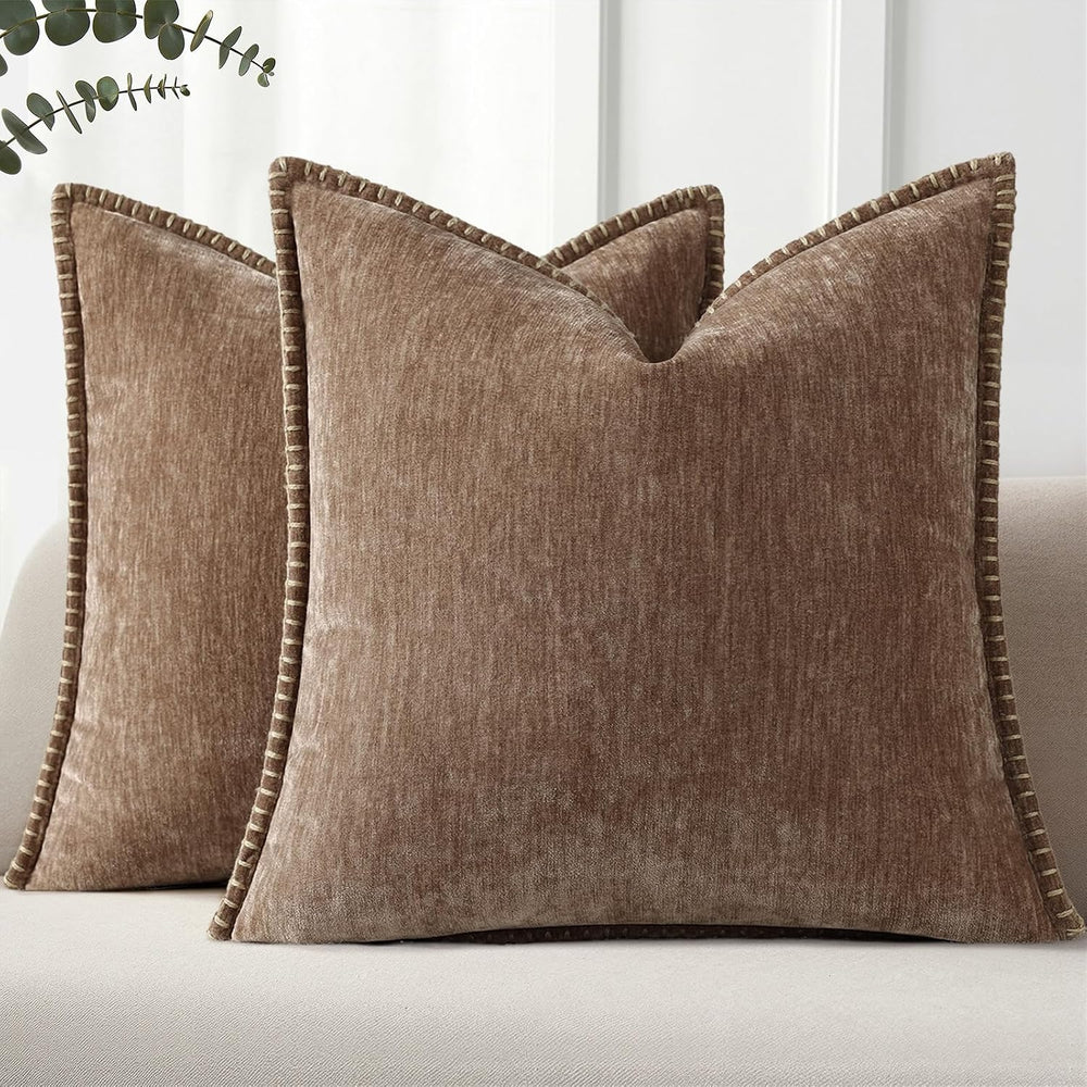 Pallene Chenille Soft Brown Throw Pillow Cover 22x22 Set of 2