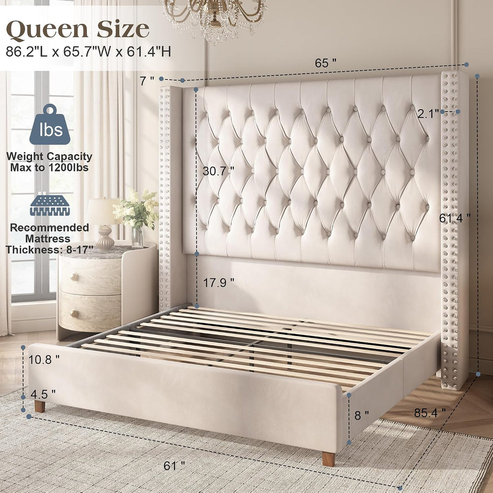 PaPaJet Queen Bed Frame 61.4" Tall Upholstered Wingback Headboard, Cream
