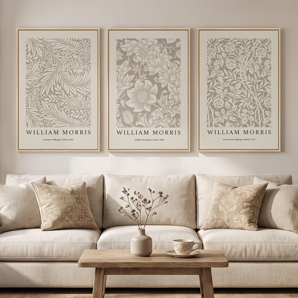 Large Framed William Morris Neutral Floral Wall Art for Living Room, 3 Pcs