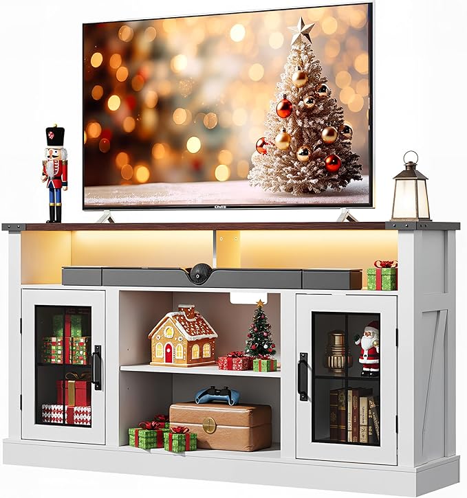 WLIVE Farmhouse TV Stand for 65 Inch TV, Tall Entertainment Center with LED Lights & Storage Cabinets, TV Media Console Table with Adjustable Shelf for Living Room, Bedroom, Home Theater, Milk White