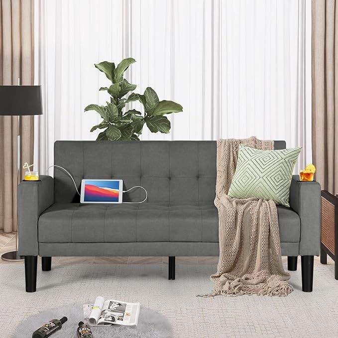 AILEEKISS 62" Loveseat Couches Upholstered Fabric Linen Love Seat Sofas Couch with 2 USB, Cup Holders, Side Pocket, Modern Tufted Sofa for Living Room, Office, Bedroom, Apartment (2-Seat, Dark Grey)