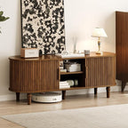 TV Console with Power Outlet-55 Entertainment Center with Sliding Tambour Door, Modern TV Stands for Living Room Bedroom, LED Media Stand with Storage Cabinet and Adjustable Shelves, Walnut