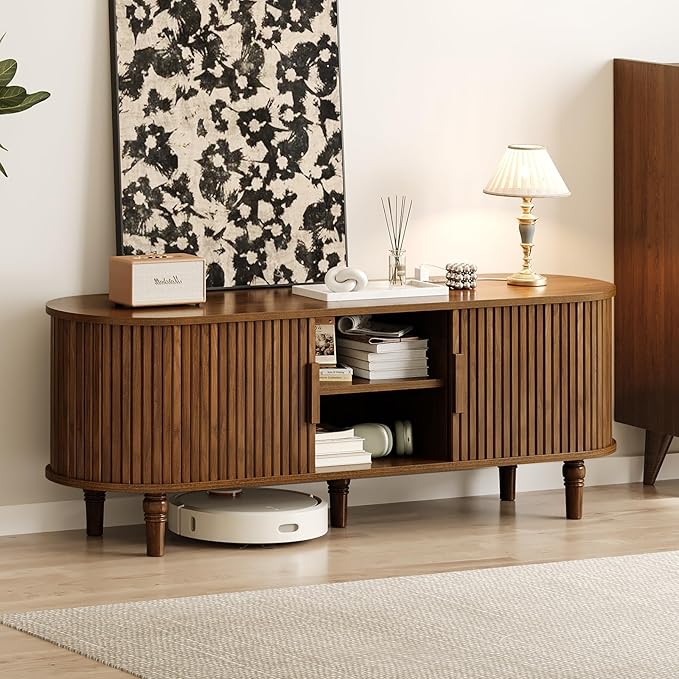 TV Console with Power Outlet-55 Entertainment Center with Sliding Tambour Door, Modern TV Stands for Living Room Bedroom, LED Media Stand with Storage Cabinet and Adjustable Shelves, Walnut