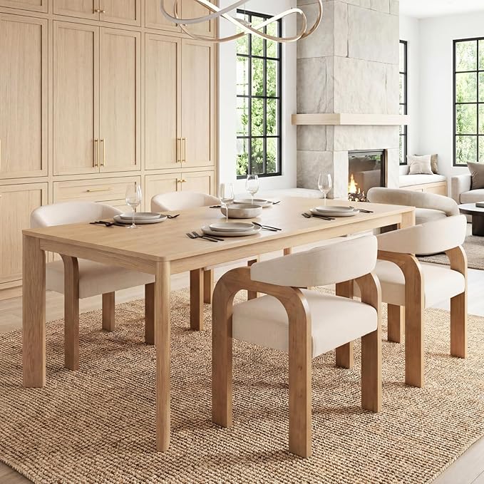 Farmhouse Dining Chairs Set of 2 - Upholstered Armchairs with Linen Cushions & Curved Wooden Arms, Barrel Wood Kitchen Chairs for Dining Room/Cafe/Kitchen Island (Oatmeal Beige)