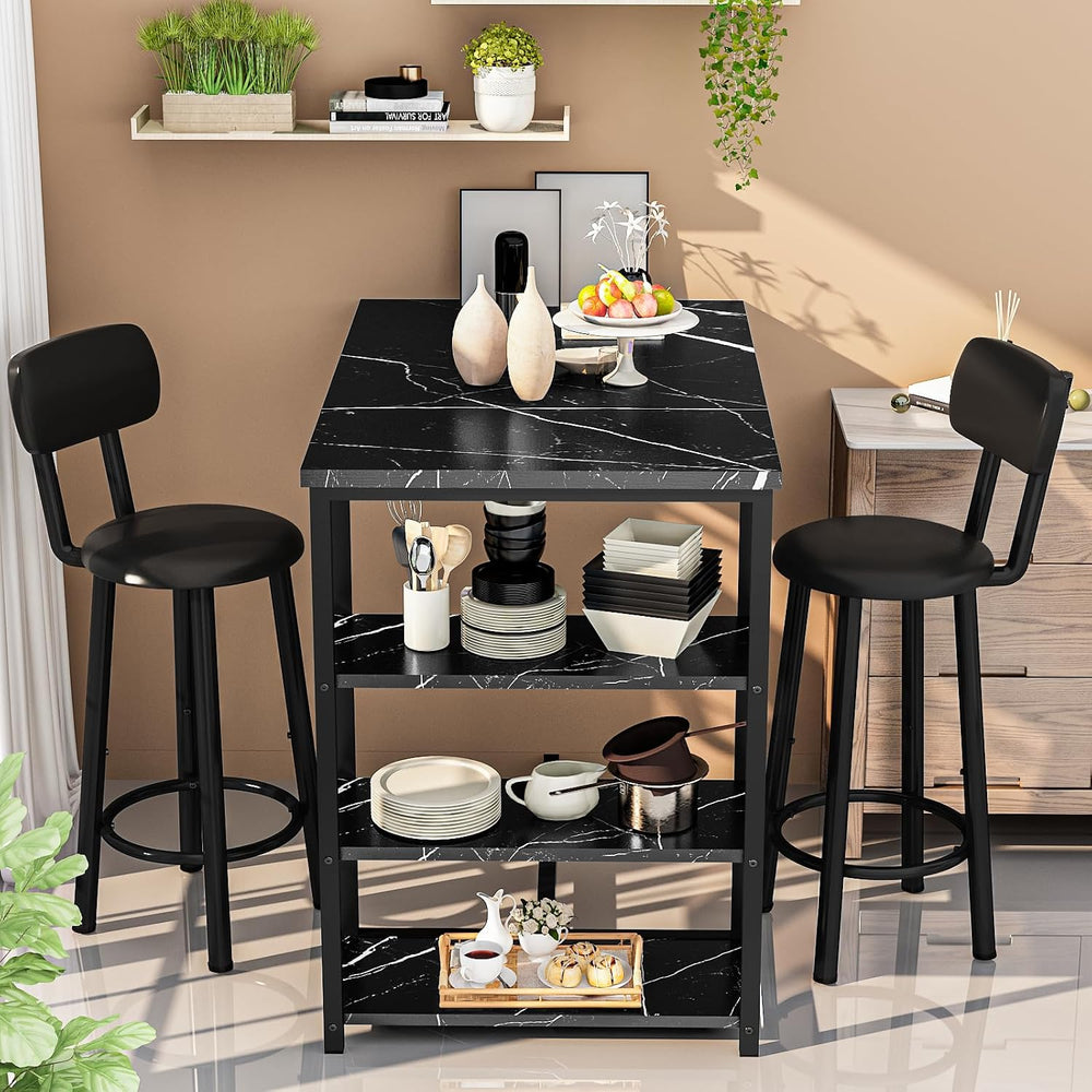Recaceik Pub Dining Table Set for 2, Table and Bar Stools with 3 Storage Shel...