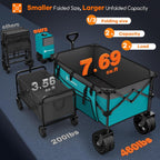 220L Collapsible Wagon Cart Foldable, 460lbs Load Capacity Heavy Duty Folding Beach Wagons with Big All-Terrain Wheels, Utility Carts for Groceries, Camping, Sports - Grey&Turquoise
