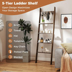 GOFLAME 5-Tier Blanket Ladder, 58.5” Bamboo Decorative Ladder Shelf with 4 Removable Hooks and 4 Deep Rungs, Wall Leaning Farmhouse Quilt Rack Holder for Living Room, Bedroom, Bathroom