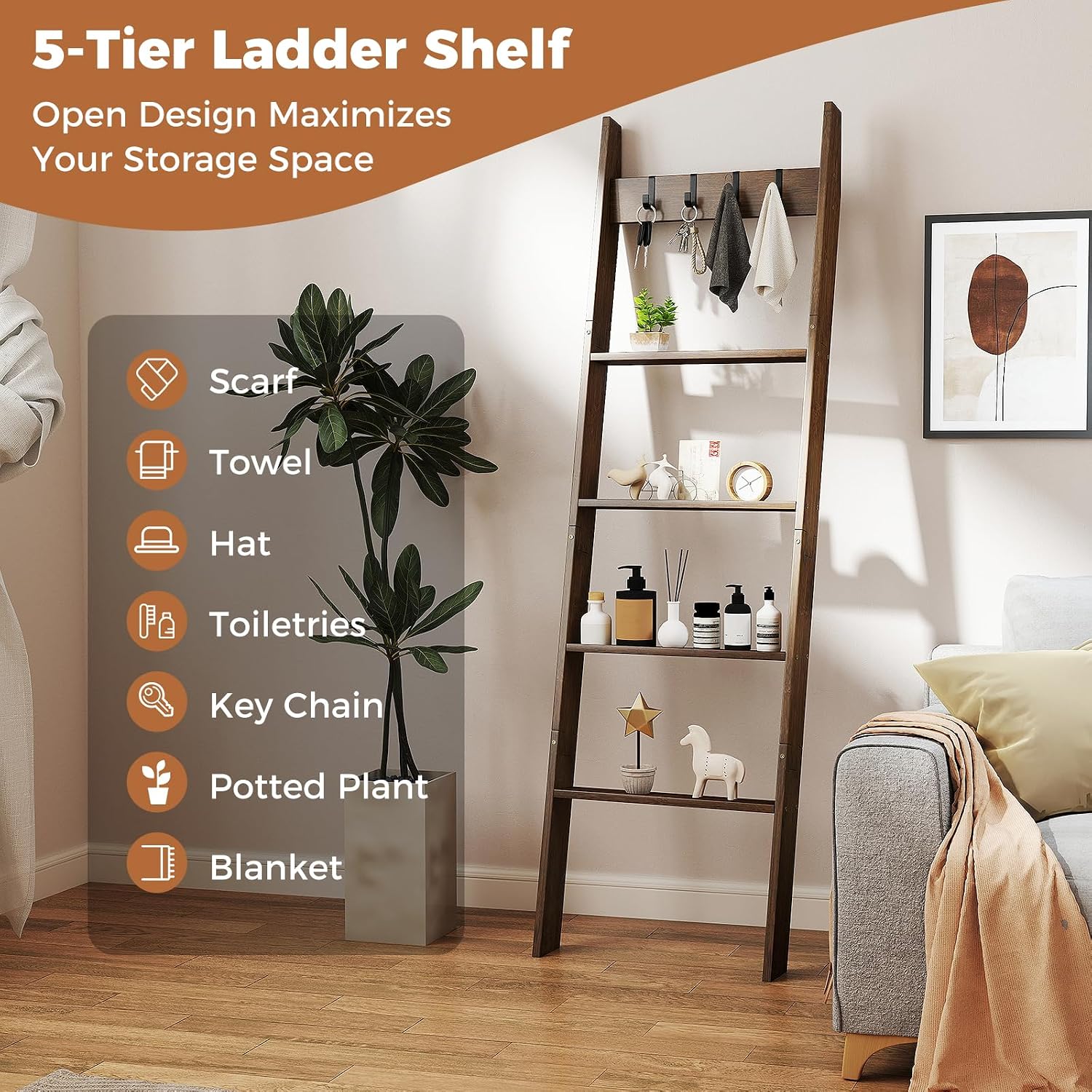 GOFLAME 5-Tier Blanket Ladder, 58.5” Bamboo Decorative Ladder Shelf with 4 Removable Hooks and 4 Deep Rungs, Wall Leaning Farmhouse Quilt Rack Holder for Living Room, Bedroom, Bathroom
