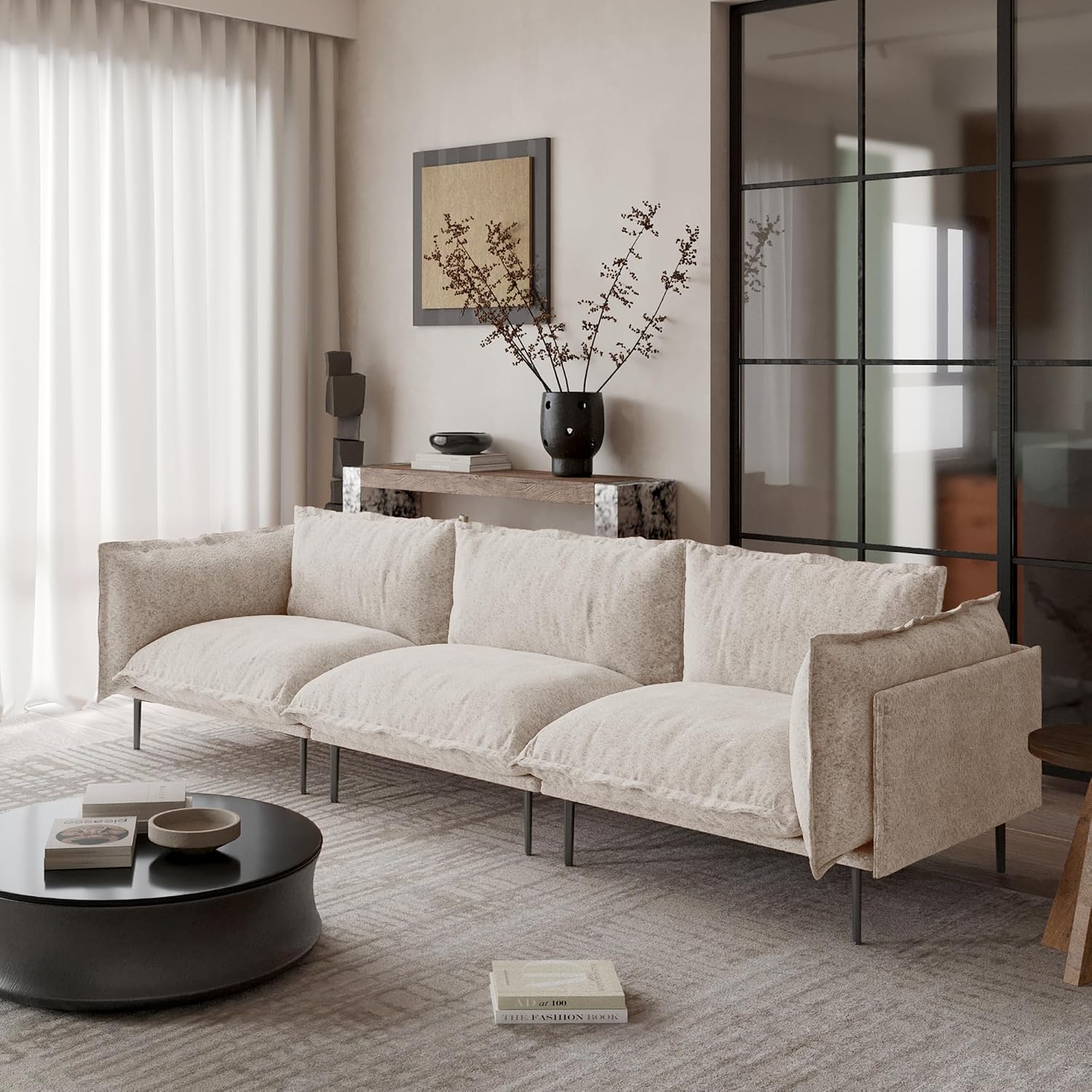 111" 3 Seater Cloud Sofa, Mid-Century Modern Sectional Couches with Thick Cushion, Modular Couch with High Sofa Legs, Sofa Furniture for Small Space Living Room Office Apartment, Light Brown
