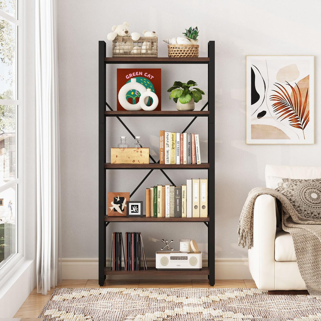5 Tier Industrial Bookshelf, Rustic Etagere Bookcase for Display, Vintage Shelving Unit Wood and Metal Tall Book Shelves for Home Office (Dark Walnut)