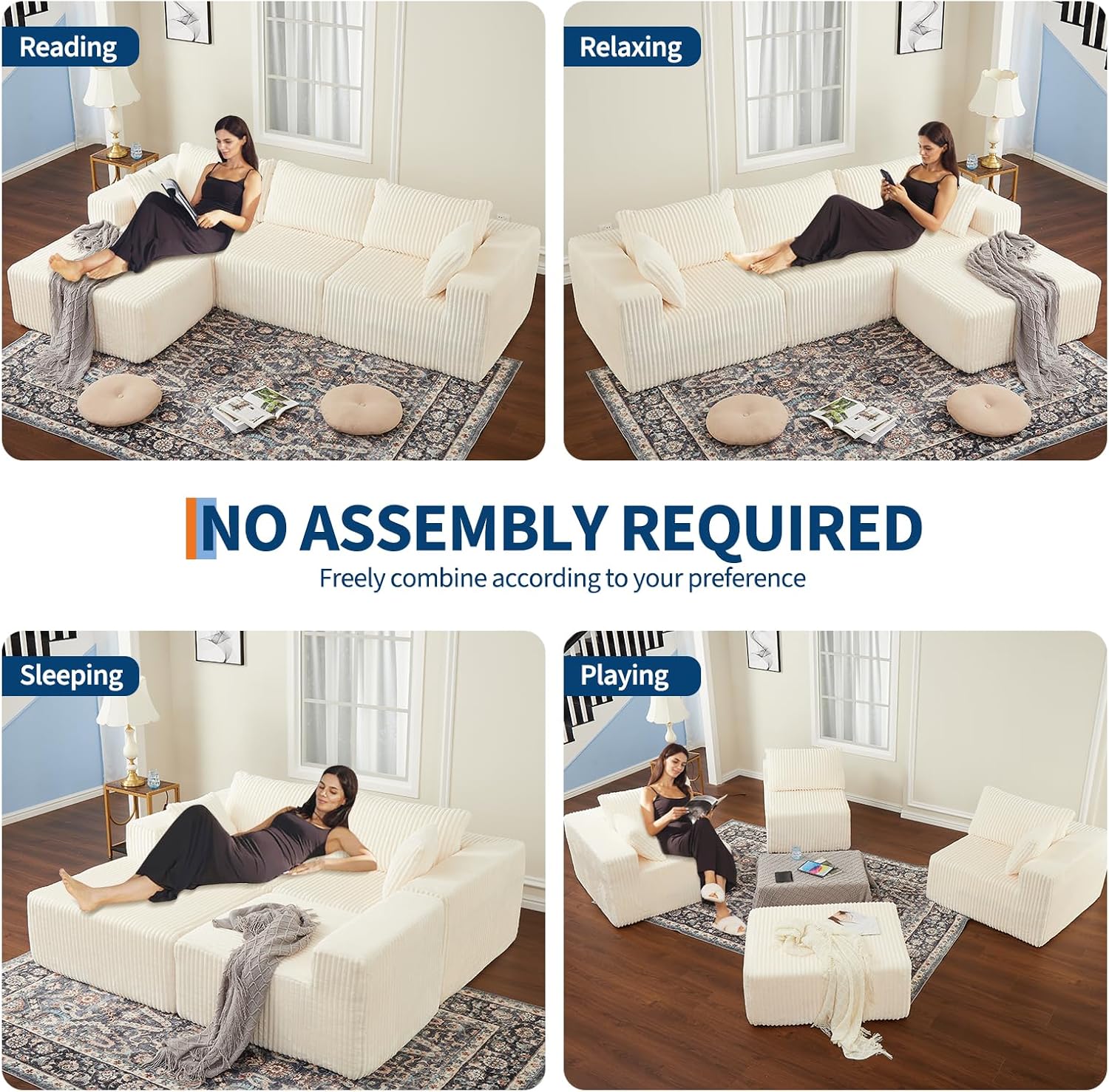 108" Modular Sectional Sofa Couches for Living Room Cloud Memory Boneless Couch No Assembly Required
