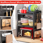 Microwave Stand, 3-Tier Expandable(17.4"- 27.4") Heavy Duty Adjustable Shelf Microwave Oven Rack, Kitchen Countertop Organizer and Storage with 9 Hooks & Cutting Board Holder, Holds up 180 lbs, Black