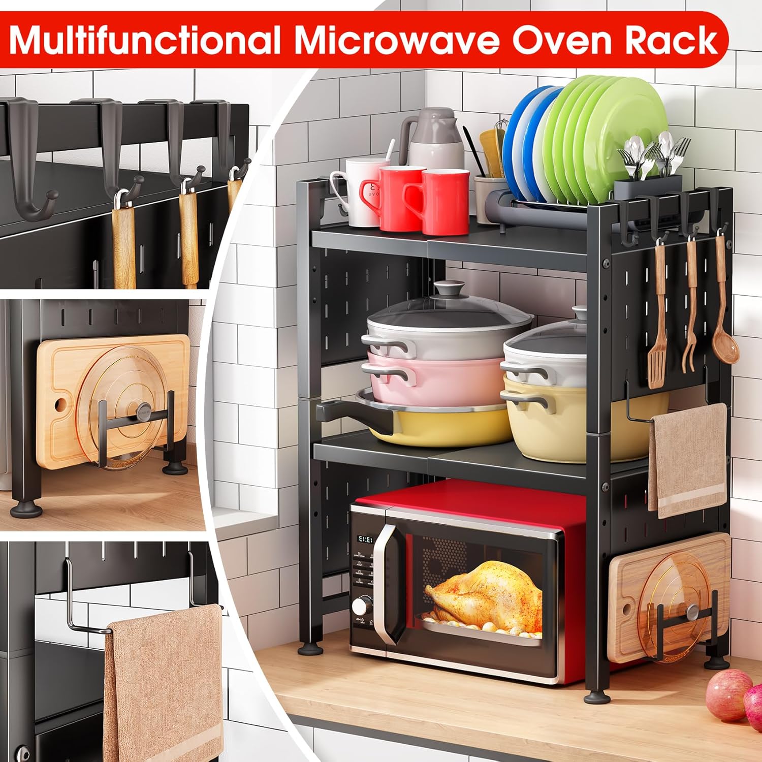 Microwave Stand, 3-Tier Expandable(17.4"- 27.4") Heavy Duty Adjustable Shelf Microwave Oven Rack, Kitchen Countertop Organizer and Storage with 9 Hooks & Cutting Board Holder, Holds up 180 lbs, Black