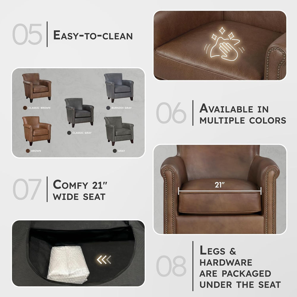 Lexicon Top Grain Genuine Leather Chair, Rolled Armrest, Classic Brown | Livi...