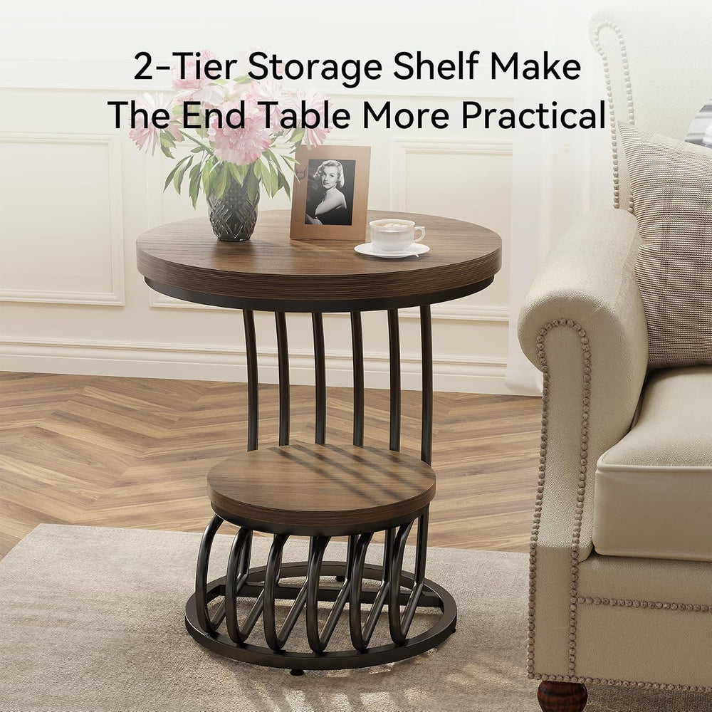 LITTLE TREE Round Side Table, Wood End Table with 2-Tier Storage Shelf, Accen...