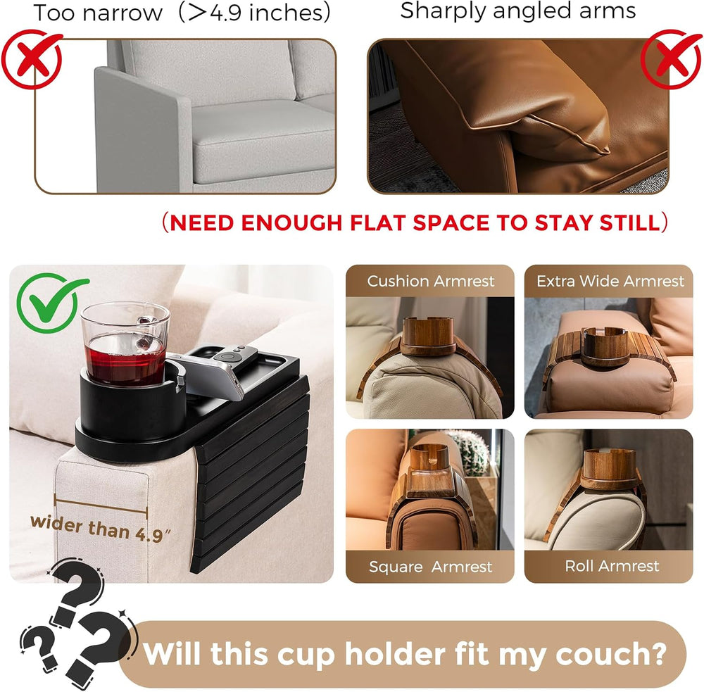 Couch Cup Holder for Armrests Over 4.9" Wide with 360° Phone Stand Black...
