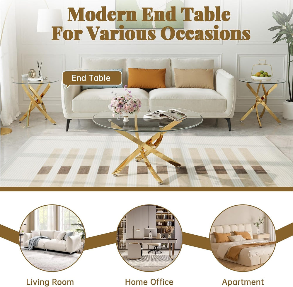 Round Glass End Table with Clear Tempered Glass Top & Cross Stainless Ste...