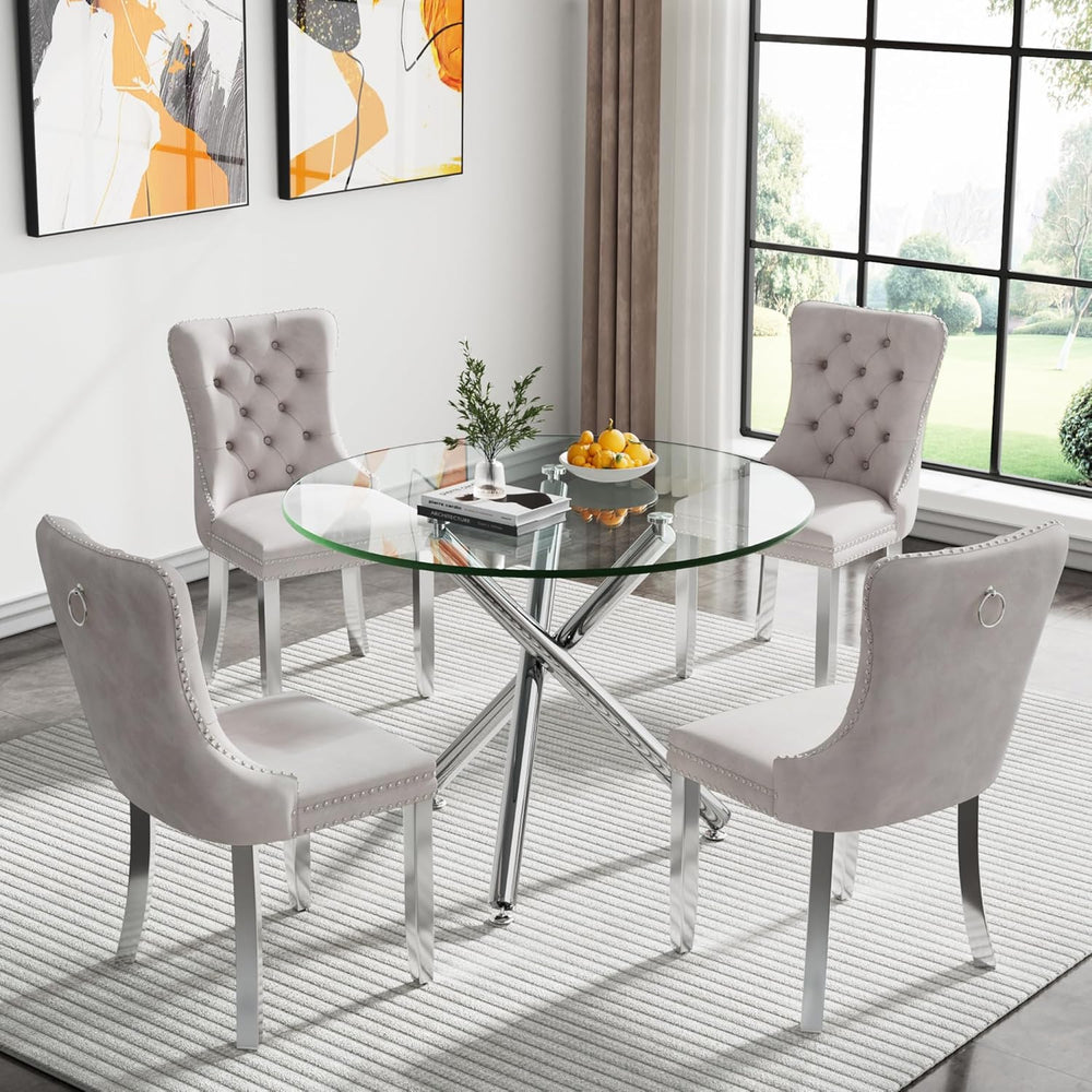 36" Luxury Silver Glass Dining Room Table Set for 4, 5-Piece Round Kitch...