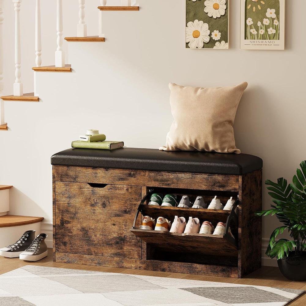 40" Shoe Storage Bench with 2 Flip Drawers & Padded Seat Cushion, Sh...