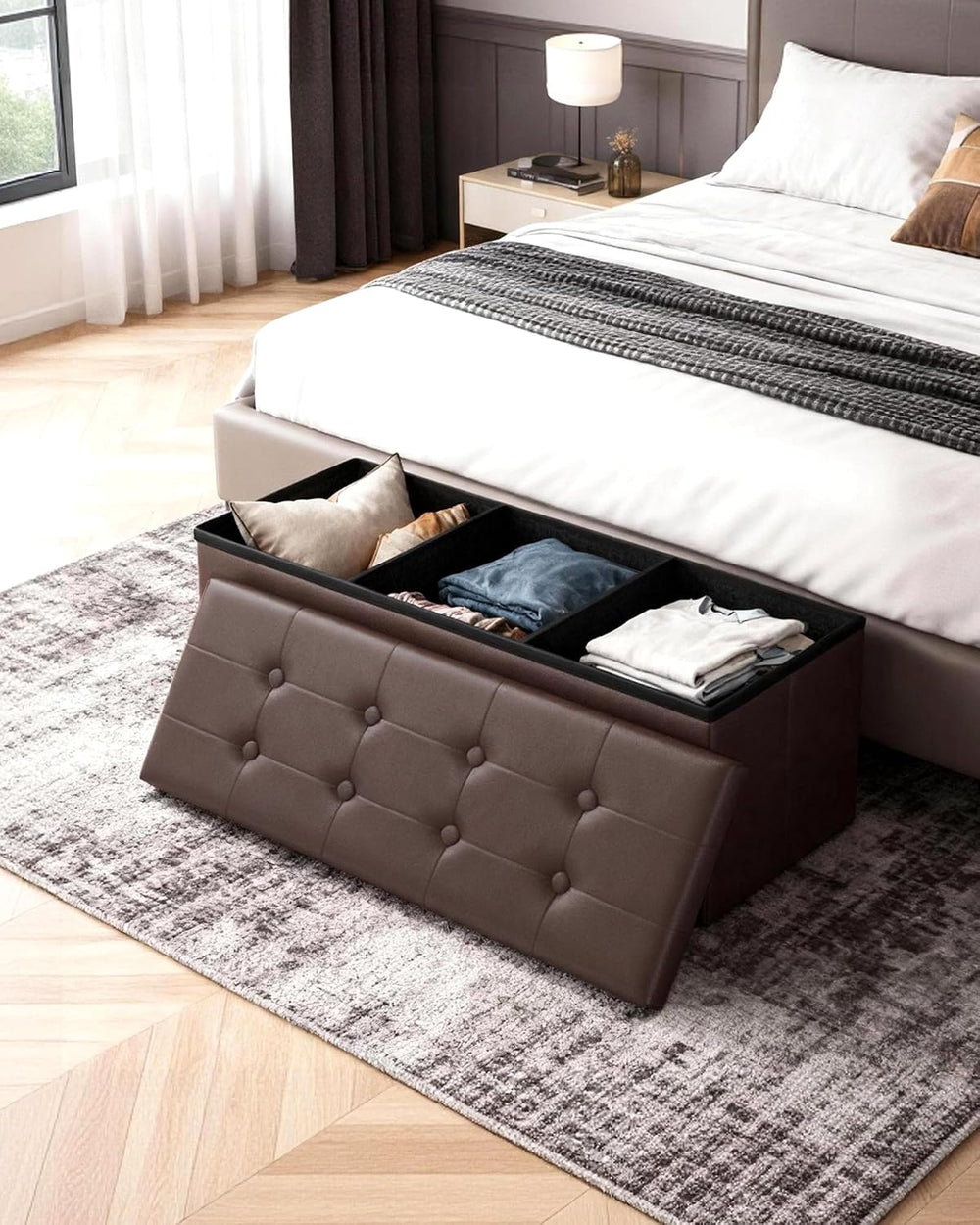 LITZFUR 43" Storage Ottoman Bench, Folding Faux Leather Chest, Brown | S...