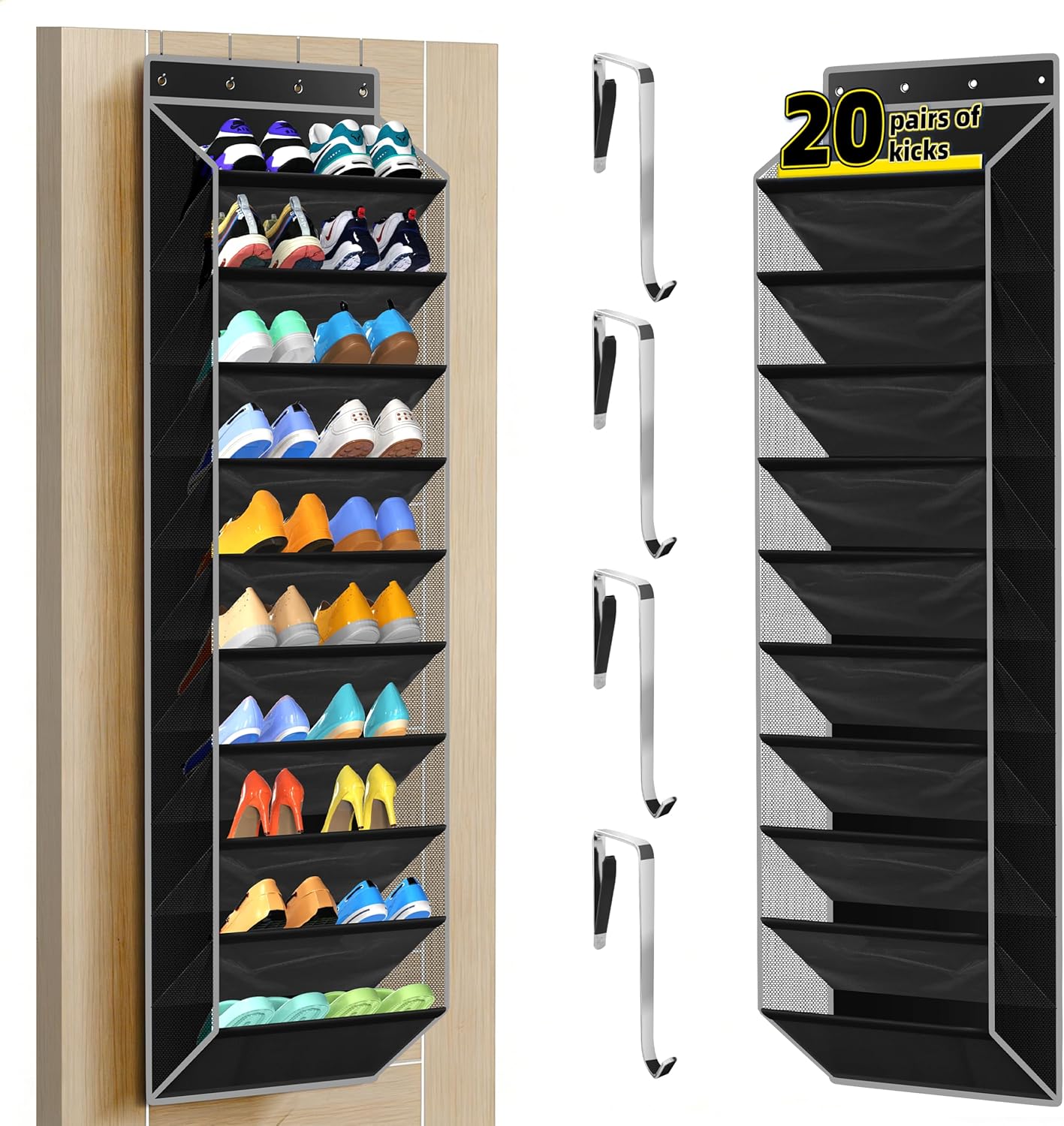 PAULONE 10-Pocket Multi-Use Over the Door Organizer, Heavy Duty 95lbs Capacity with Breathable Mesh, Versatile Hanging Storage for Shoes, Toys, Office Supplies-Classic (Black, 10-Shelf,)