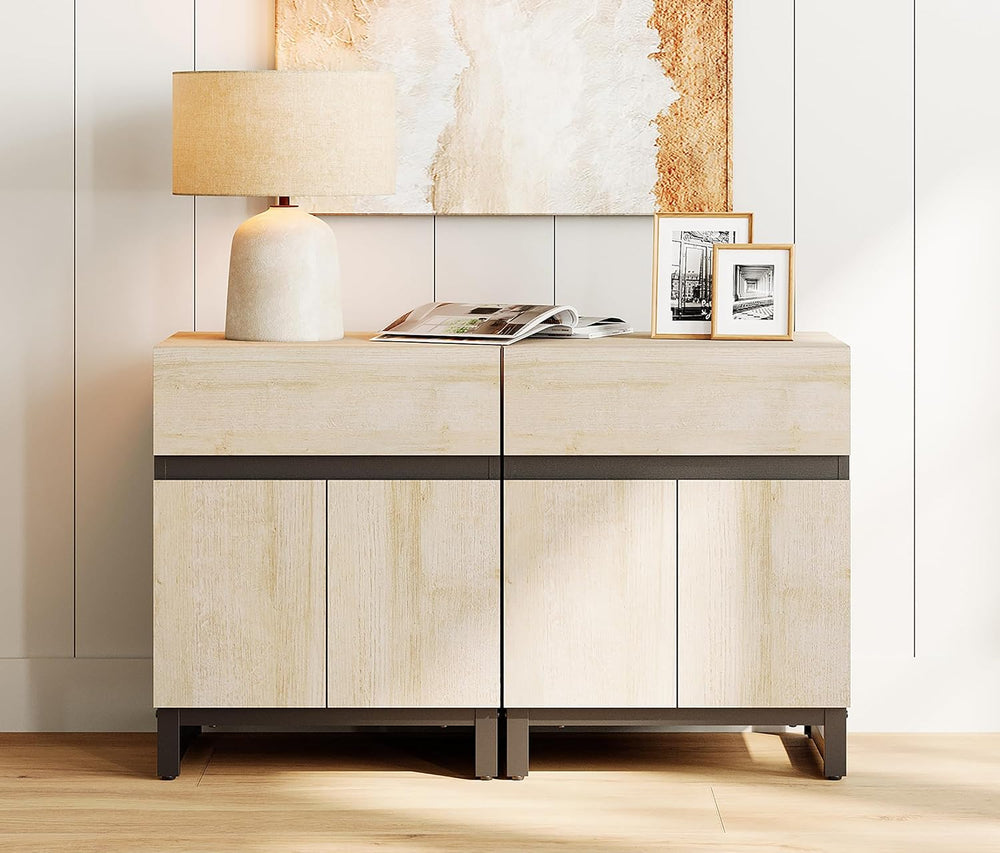 WAMPAT 2 Pack Modern End Table with 1 Drawer & 1 Storage Cabinet, Farmhou...