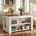 LITTLE TREE 55" Kitchen Island with Storage Shelves | 3-Tier Farmhouse Stationary Island Table with Extra Large Work Surface & Leg Room for Kitchen Dining Room (White and Brown)