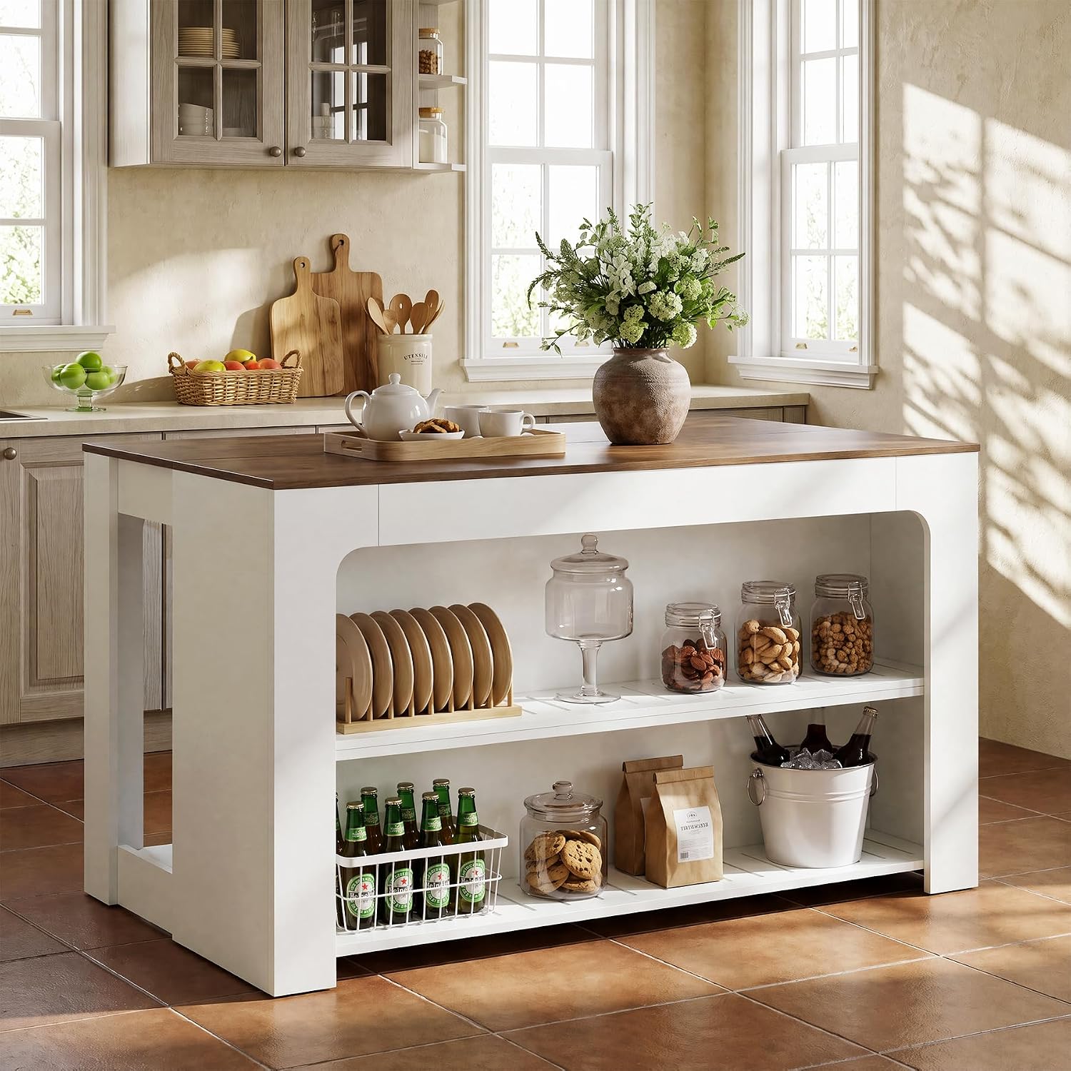 LITTLE TREE 55" Kitchen Island with Storage Shelves | 3-Tier Farmhouse Stationary Island Table with Extra Large Work Surface & Leg Room for Kitchen Dining Room (White and Brown)